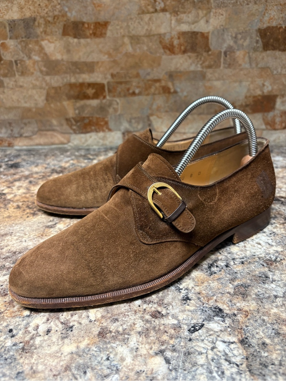SALVATORE FERRAGAMO Brown Suede Monkstrap Buckle Dress Shoes Size 8